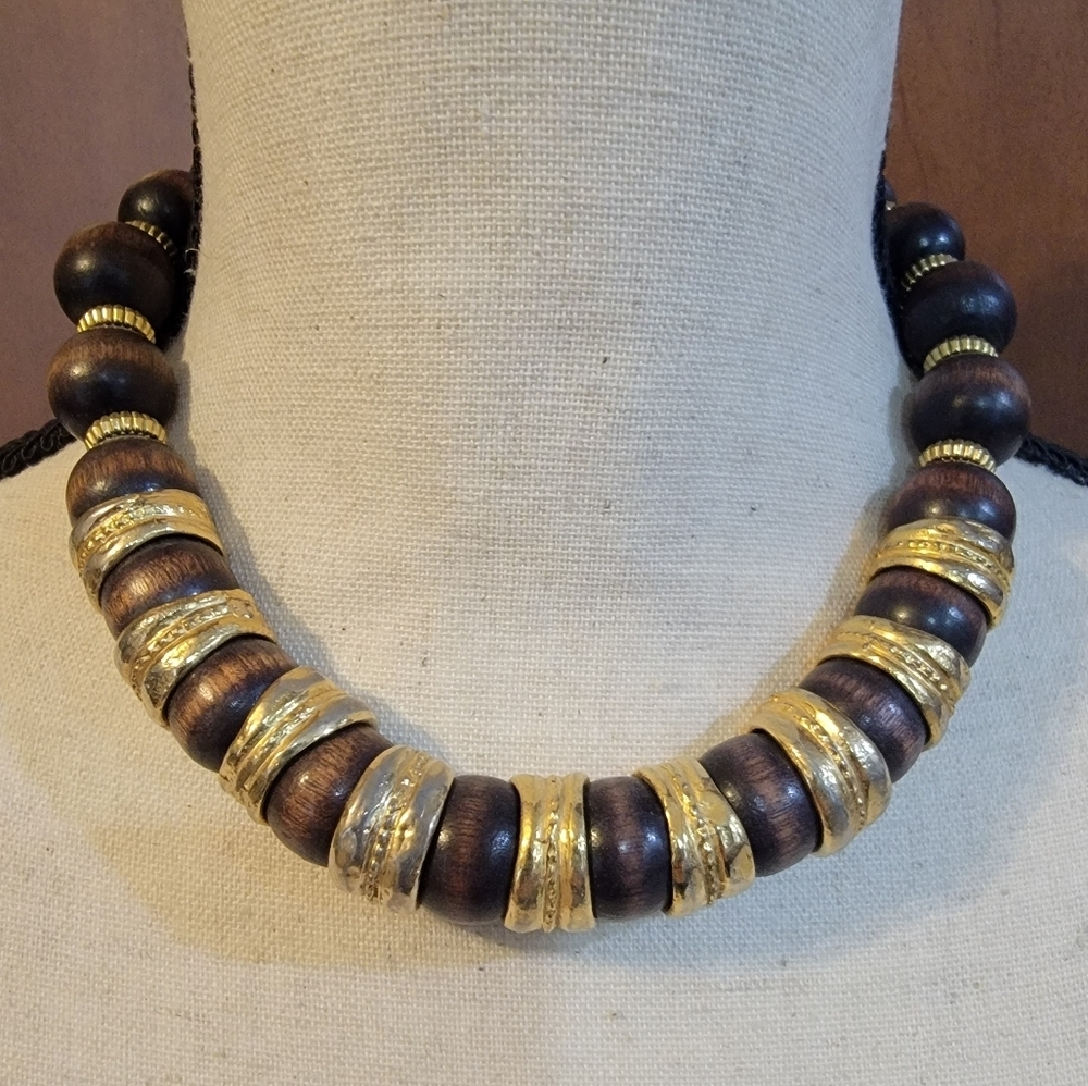 Vintage Cadoro Boho Wood & Gold Statement Necklace Chunky 80s